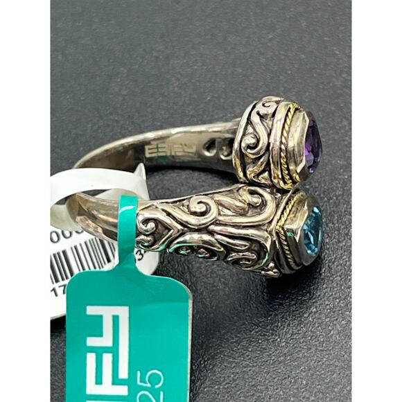 Effy Balissima Sterling Silver 18k Blue Topaz Amethyst Gemstones Bypass Ring 7.5 - Picture 2 of 15